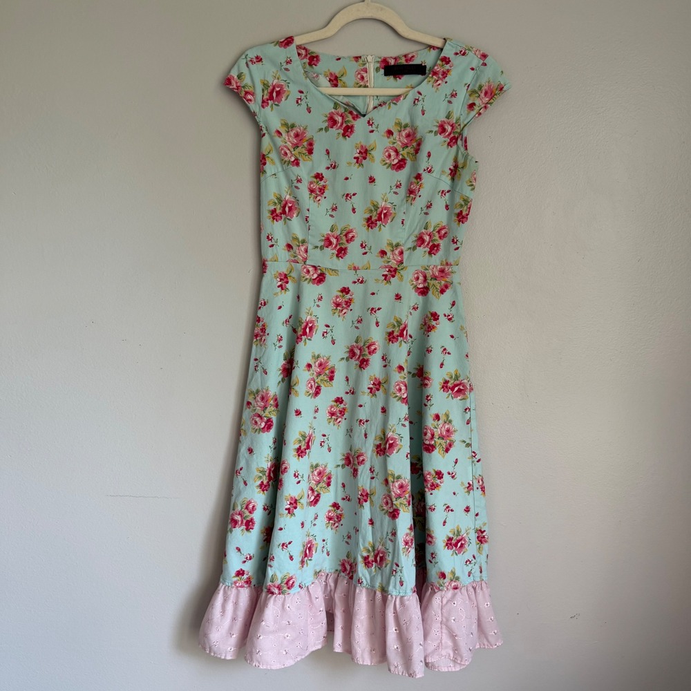 Dress Tells Floral Fit Flare Dress Mint Pink Rose Eyelet Ruffle Hem Cap Sleeve S